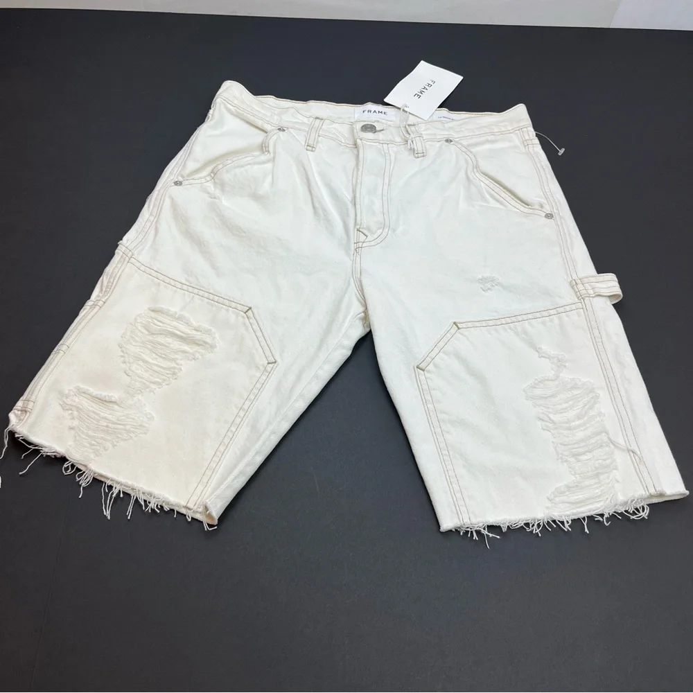 Frame Le Slouch Bermuda Off‎ White Rips Distressed Denim Short 26 NEW *TINY FLAW